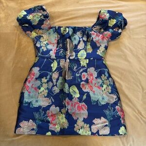 Lulus So Stunning Navy Blue Floral Jacquard Puff Sleeve Mini Dress